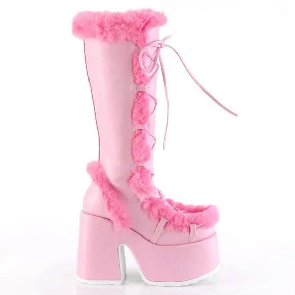 Coquette Girl Platform Fur Lace Up Knee High Boots - Main Image